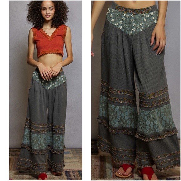POL Charcoal Floral Print Lace Wide leg Pants - Picture 1 of 4